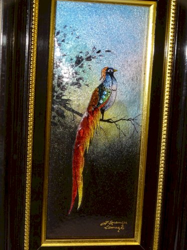 - CADRE TABLEAU EMAIL Signé JEAN GRANGER LIMOGES OISEAU de PARADIS DECO XXe  D