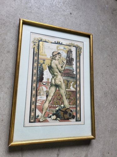 CADRE TABLEAU ESTAMPE EN COULEUR PORTEUR D'AMPHORE MAURICE DESVALLIERES