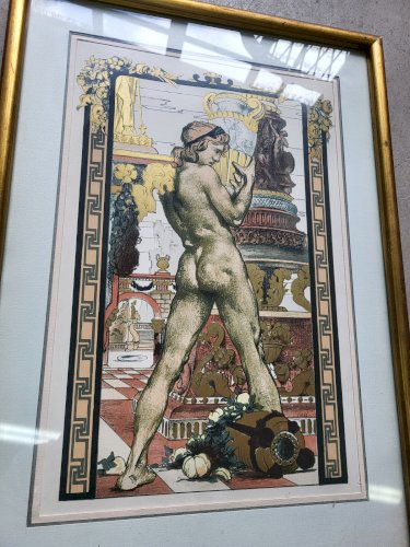 CADRE TABLEAU ESTAMPE EN COULEUR PORTEUR D'AMPHORE MAURICE DESVALLIERES