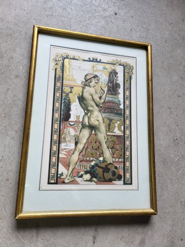CADRE TABLEAU ESTAMPE EN COULEUR PORTEUR D'AMPHORE MAURICE DESVALLIERES