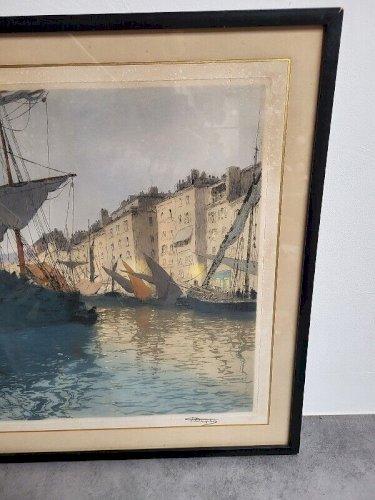 CADRE TABLEAU GRAVURE ESTIENNE DAUPHIN MARINE BATEAU SUR PAPIER N°5
