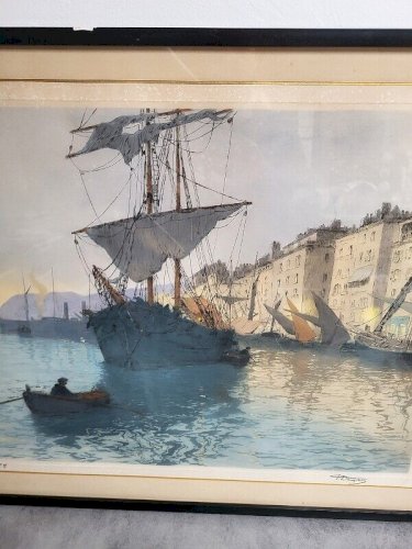 CADRE TABLEAU GRAVURE ESTIENNE DAUPHIN MARINE BATEAU SUR PAPIER N°5