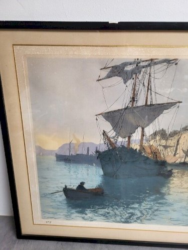 CADRE TABLEAU GRAVURE ESTIENNE DAUPHIN MARINE BATEAU SUR PAPIER N°5