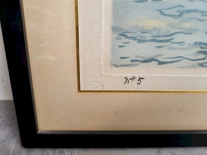 CADRE TABLEAU GRAVURE ESTIENNE DAUPHIN MARINE BATEAU SUR PAPIER N°5