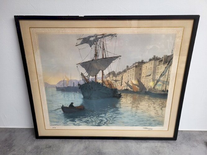 CADRE TABLEAU GRAVURE ESTIENNE DAUPHIN MARINE BATEAU SUR PAPIER N°5