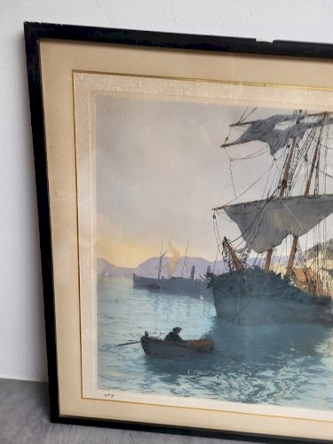 CADRE TABLEAU GRAVURE ESTIENNE DAUPHIN MARINE BATEAU SUR PAPIER N°5