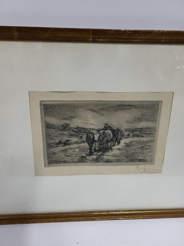 CADRE TABLEAU GRAVURE TROUPEAU DE VACHES SIGNE R. JOSIF