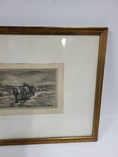CADRE TABLEAU GRAVURE TROUPEAU DE VACHES SIGNE R. JOSIF
