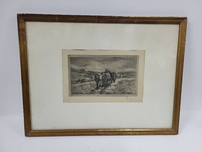 CADRE TABLEAU GRAVURE TROUPEAU DE VACHES SIGNE R. JOSIF