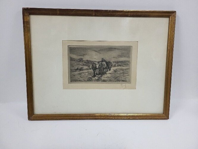 CADRE TABLEAU GRAVURE TROUPEAU DE VACHES SIGNE R. JOSIF
