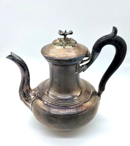 19th Century Antique Coffee Pot Odiot & Bayol – silver-plated, wooden handle, floral decoration.