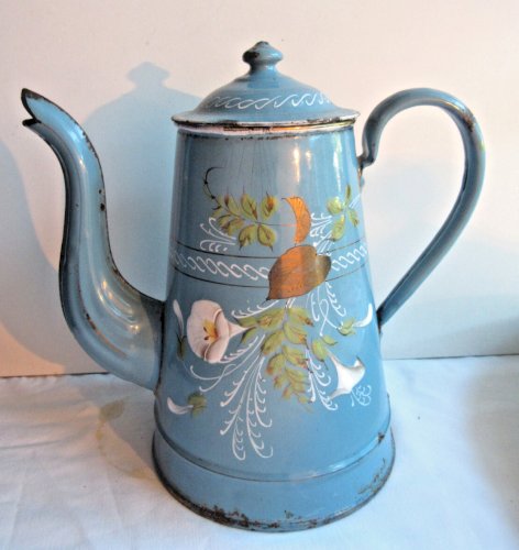 Cafetière Art Nouveau, tôle émaillée verte, Fougères, Liserons et Feuillage doré
