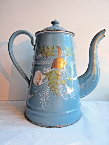 Cafetière Art Nouveau, tôle émaillée verte, Fougères, Liserons et Feuillage doré