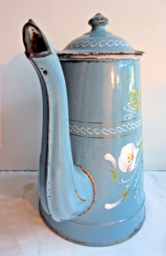 Cafetière Art Nouveau, tôle émaillée verte, Fougères, Liserons et Feuillage doré
