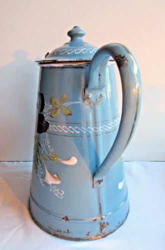 Cafetière Art Nouveau, tôle émaillée verte, Fougères, Liserons et Feuillage doré