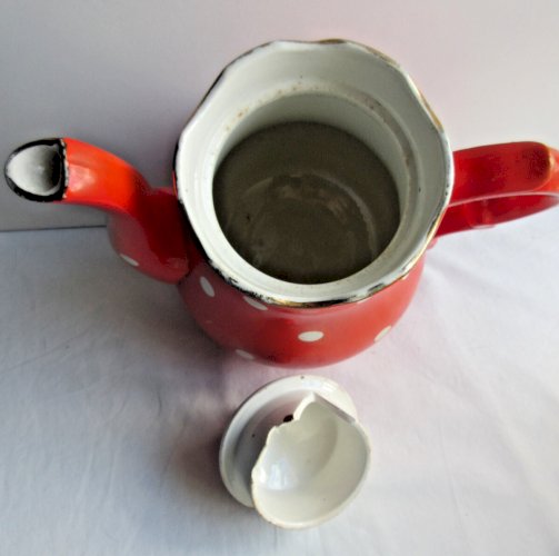 Cafetière céramique rouge à pois blancs Utzschneider & Cie, comme Sarreguemines