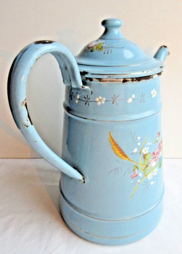 Cafetière émaillée St Servais, bleu clair à filets dorés, Violettes et Myosotis