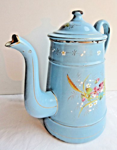 Cafetière émaillée St Servais, bleu clair à filets dorés, Violettes et Myosotis