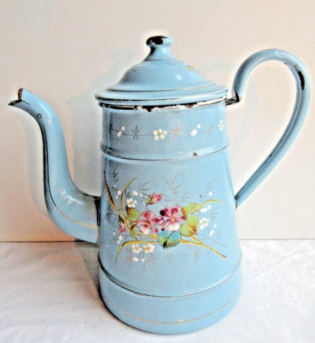 Cafetière émaillée St Servais, bleu clair à filets dorés, Violettes et Myosotis