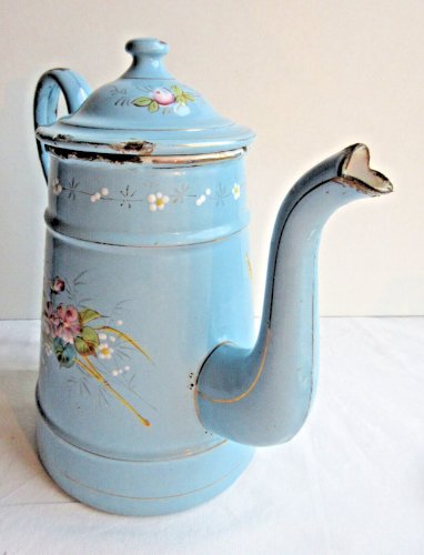 Cafetière émaillée St Servais, bleu clair à filets dorés, Violettes et Myosotis