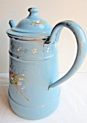 Cafetière émaillée St Servais, bleu clair à filets dorés, Violettes et Myosotis