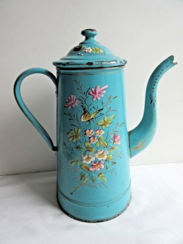 Cafetière en tôle émaillée bleue: Décor en relief, Chadonneret, Papillon, Fleurs