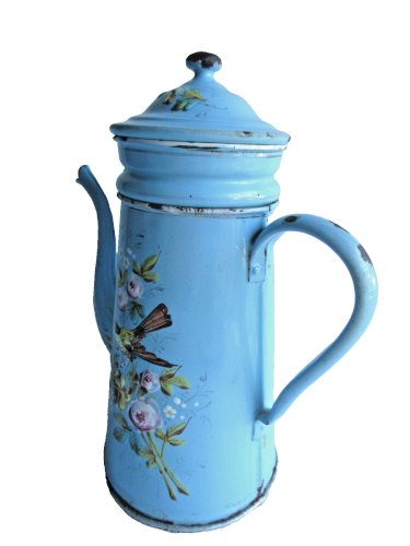 Cafetière en tôle émaillée bleue, décor en relief: Chadonneret, Papillon, Fleurs