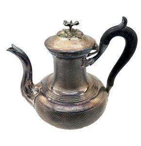 Cafetière Odiot & Bayol XIXe – Métal argenté guilloché – Anse bois – France