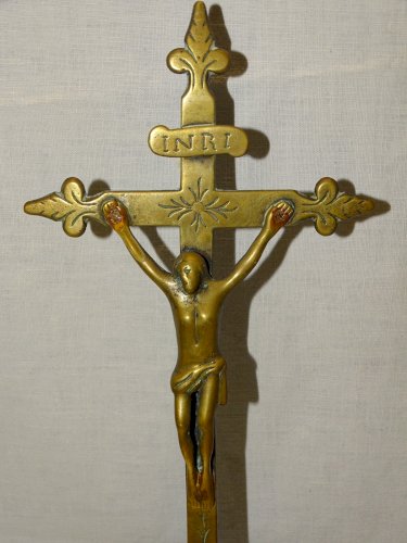 -CALVAIRE CROIX CRUCIFIX HAUTE EPOQUE XVII/XVIII BRONZE LAITON CHRIST RELIGION D