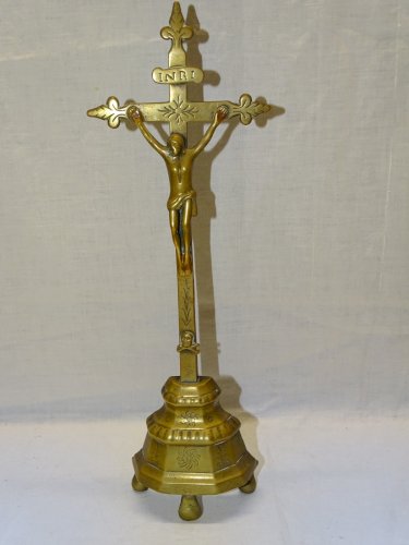 -CALVAIRE CROIX CRUCIFIX HAUTE EPOQUE XVII/XVIII BRONZE LAITON CHRIST RELIGION D