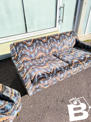 Canapé 3 places + 2 fauteuils vintage tissu multicolore design rétro