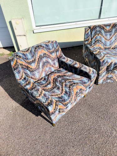 Canapé 3 places + 2 fauteuils vintage tissu multicolore design rétro