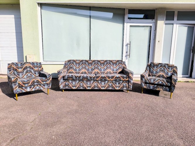 Canapé 3 places + 2 fauteuils vintage tissu multicolore design rétro