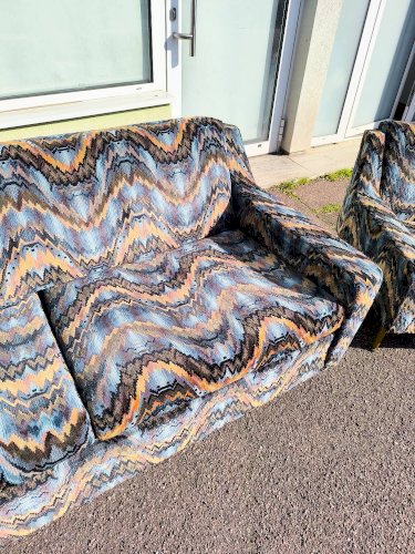 Canapé 3 places + 2 fauteuils vintage tissu multicolore design rétro