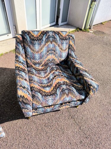Canapé 3 places + 2 fauteuils vintage tissu multicolore design rétro