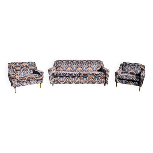 Canapé 3 places + 2 fauteuils vintage tissu multicolore design rétro