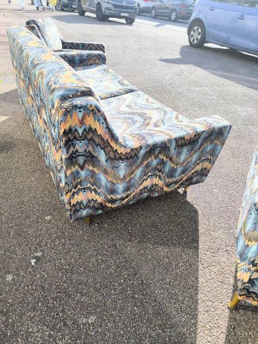 Canapé 3 places + 2 fauteuils vintage tissu multicolore design rétro