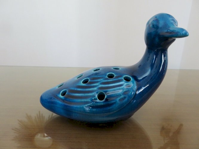 CANARD PIQUE FLEURS EN CERAMIQUE CRAQUELEE BLEUE ANNEES 70 VINTAGE