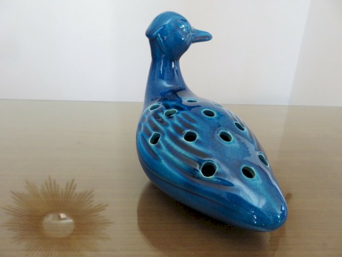 CANARD PIQUE FLEURS EN CERAMIQUE CRAQUELEE BLEUE ANNEES 70 VINTAGE