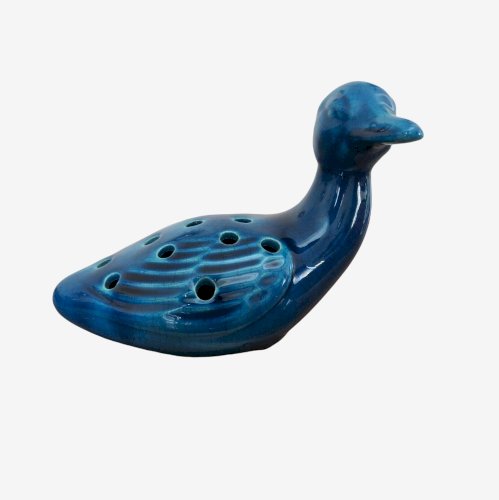 CANARD PIQUE FLEURS EN CERAMIQUE CRAQUELEE BLEUE ANNEES 70 VINTAGE