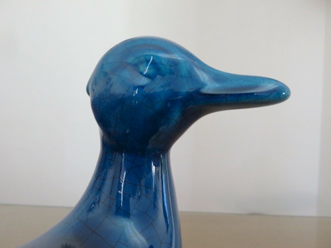 CANARD PIQUE FLEURS EN CERAMIQUE CRAQUELEE BLEUE ANNEES 70 VINTAGE