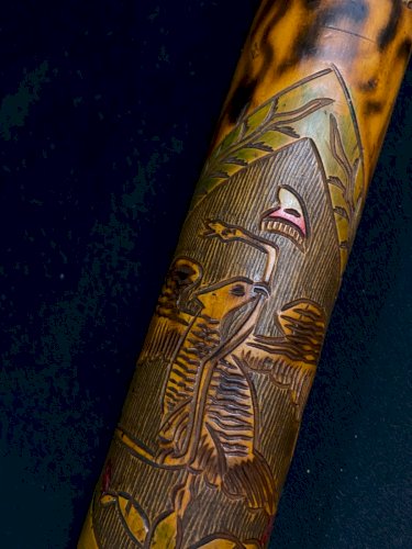 Canne bâton de marche bois massif sculpté personnages Aztèques Mayas Mexique