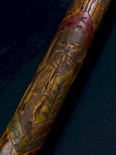Canne bâton de marche bois massif sculpté personnages Aztèques Mayas Mexique