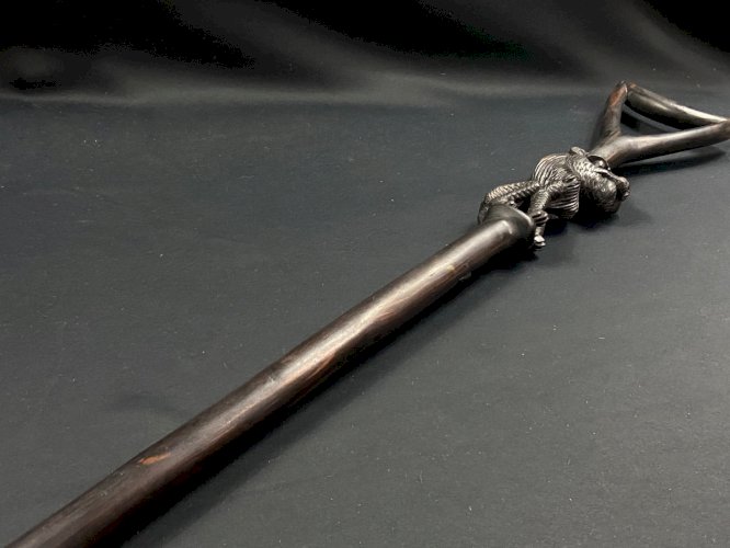 Canne d'apparat Makonde Tanzanie en ébène sculpté au lion