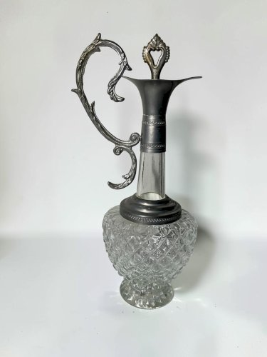 Carafe à décanter vintage en verre ciselé et métal argenté, bouchon décoratif, 340 ml