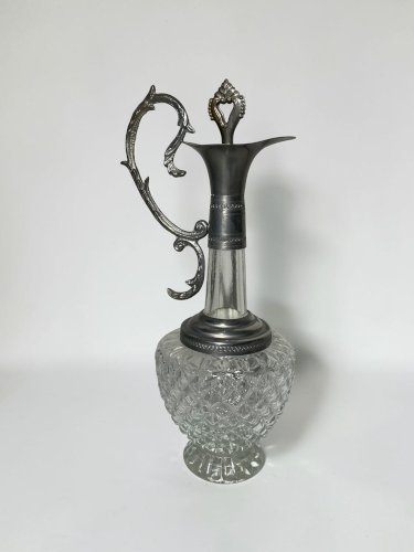 Carafe à décanter vintage en verre ciselé et métal argenté, bouchon décoratif, 340 ml