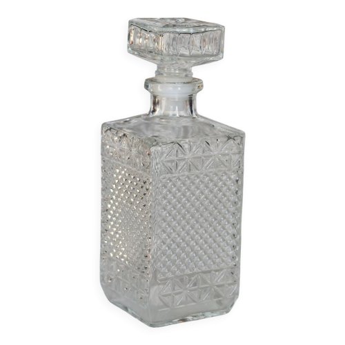 Carafe à whisky vintage en verre pressé – Bouchon gravé fleur
