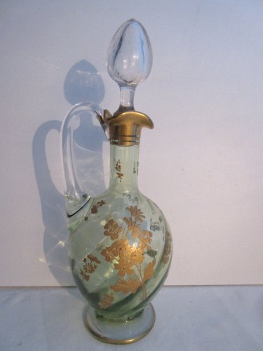Carafe aiguière Art Nouveau, verre vert émaillé à l'or fin, LEGRAS: Fleurs