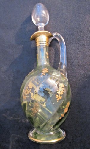 Carafe aiguière Art Nouveau, verre vert émaillé à l'or fin, LEGRAS: Fleurs