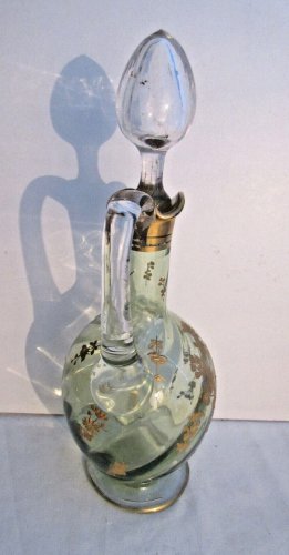 Carafe aiguière Art Nouveau, verre vert émaillé à l'or fin, LEGRAS: Fleurs